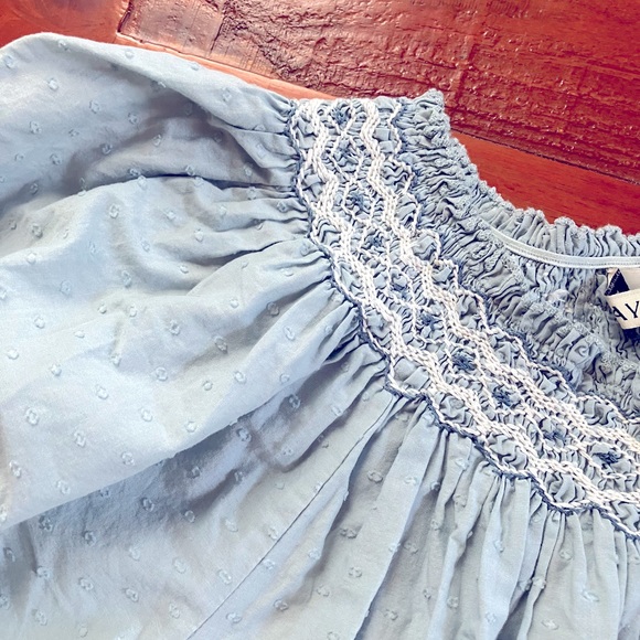 Baybala blue Swiss dot smocked puff sleeve blouse L - Picture 7 of 7